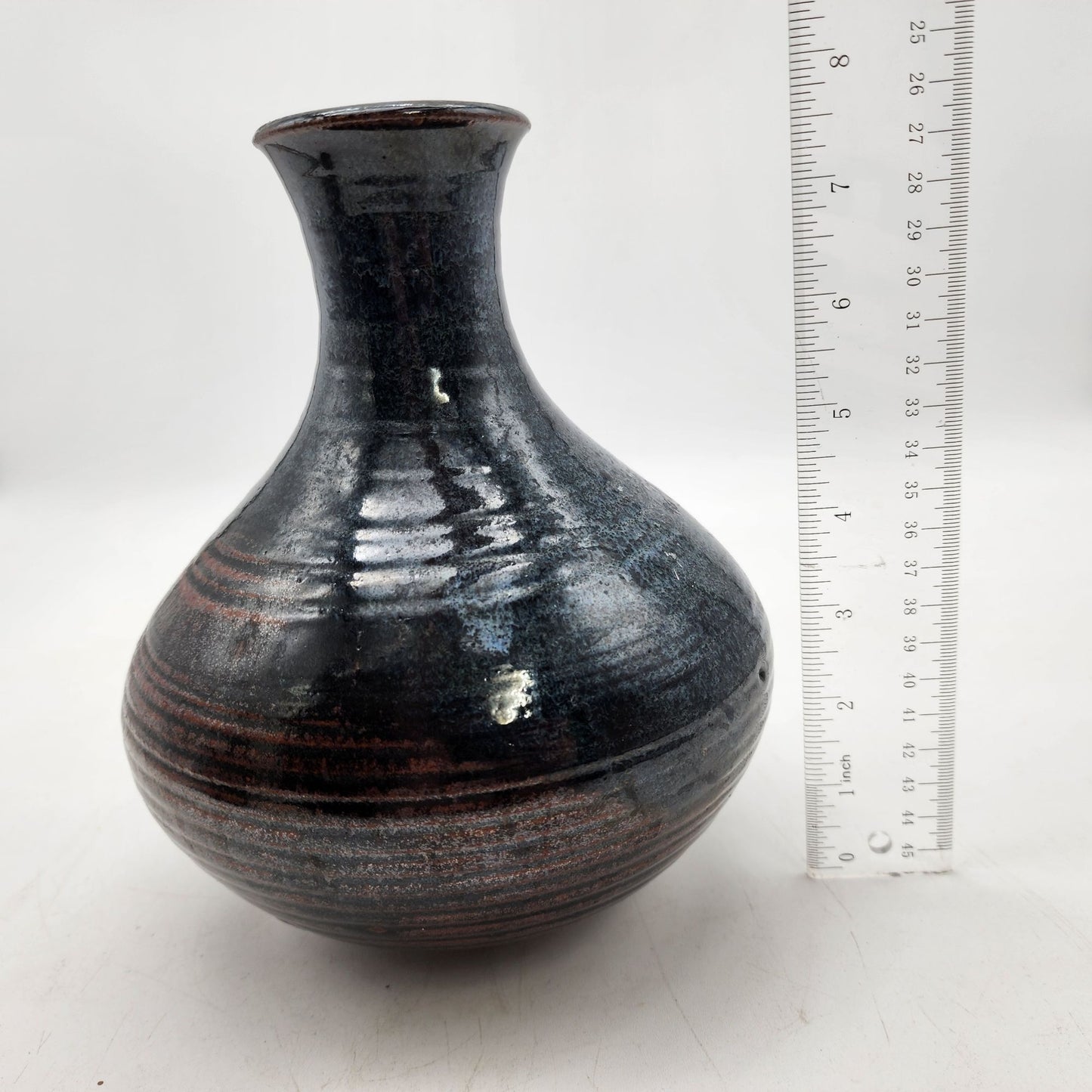 Vintage Handcrafted Signed Art Pottery Vase With Glossy Glaze & Subtle Stripes