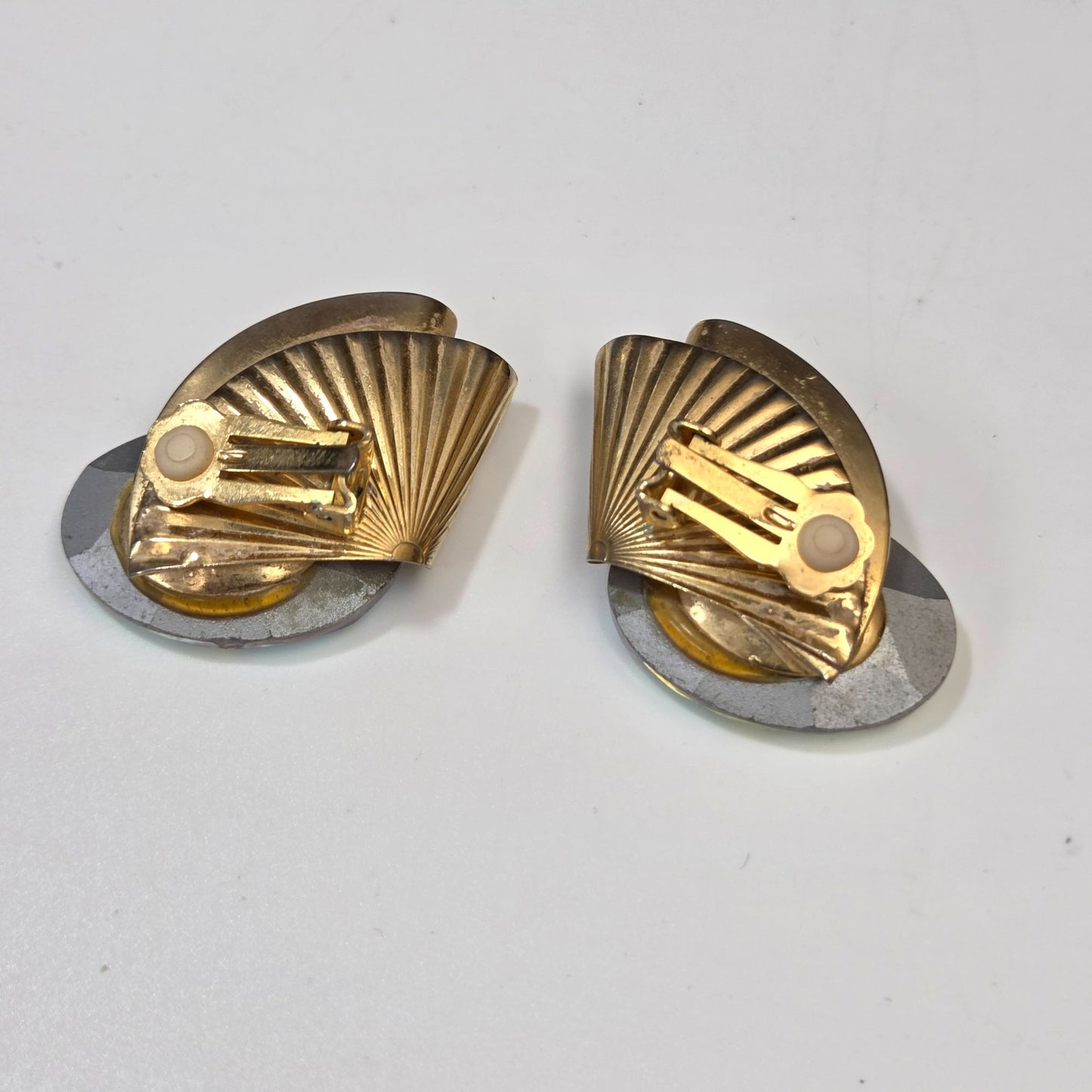 Vintage Large Aurora Borealis Oval Rhinestone Clip On Earrings