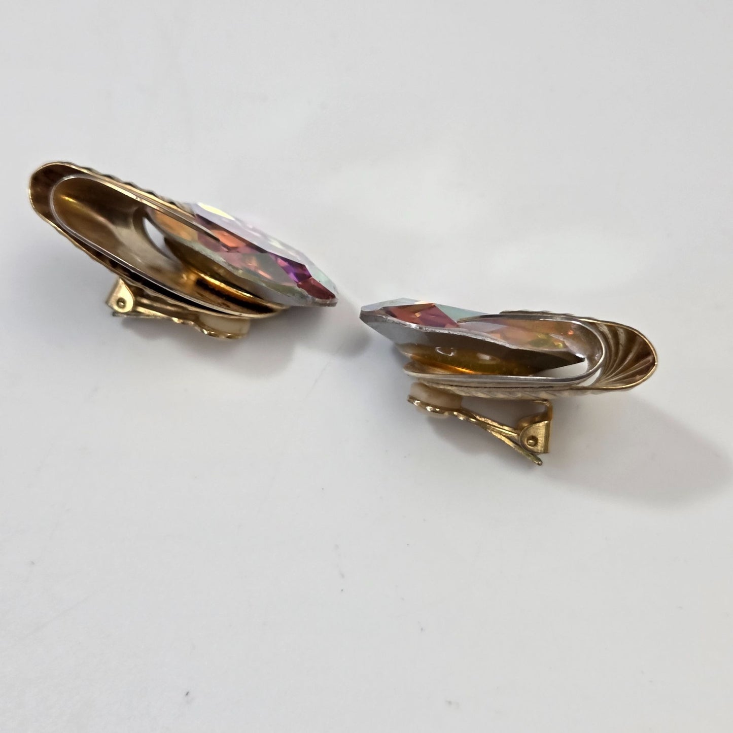 Vintage Large Aurora Borealis Oval Rhinestone Clip On Earrings