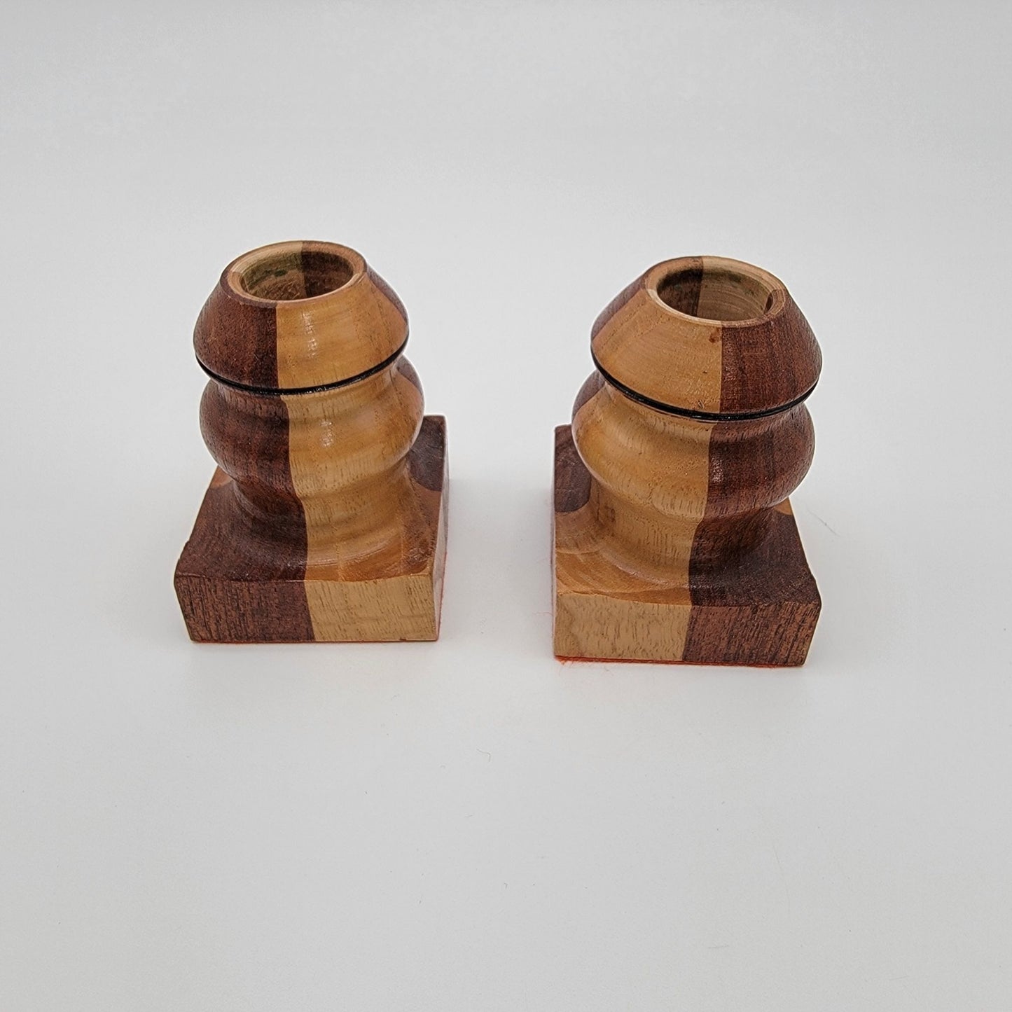 Vintage Hand-Turned Marquetry Wood Candle Holders Set Of 2