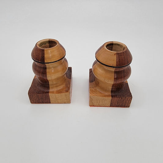Vintage Hand-Turned Marquetry Wood Candle Holders Set Of 2