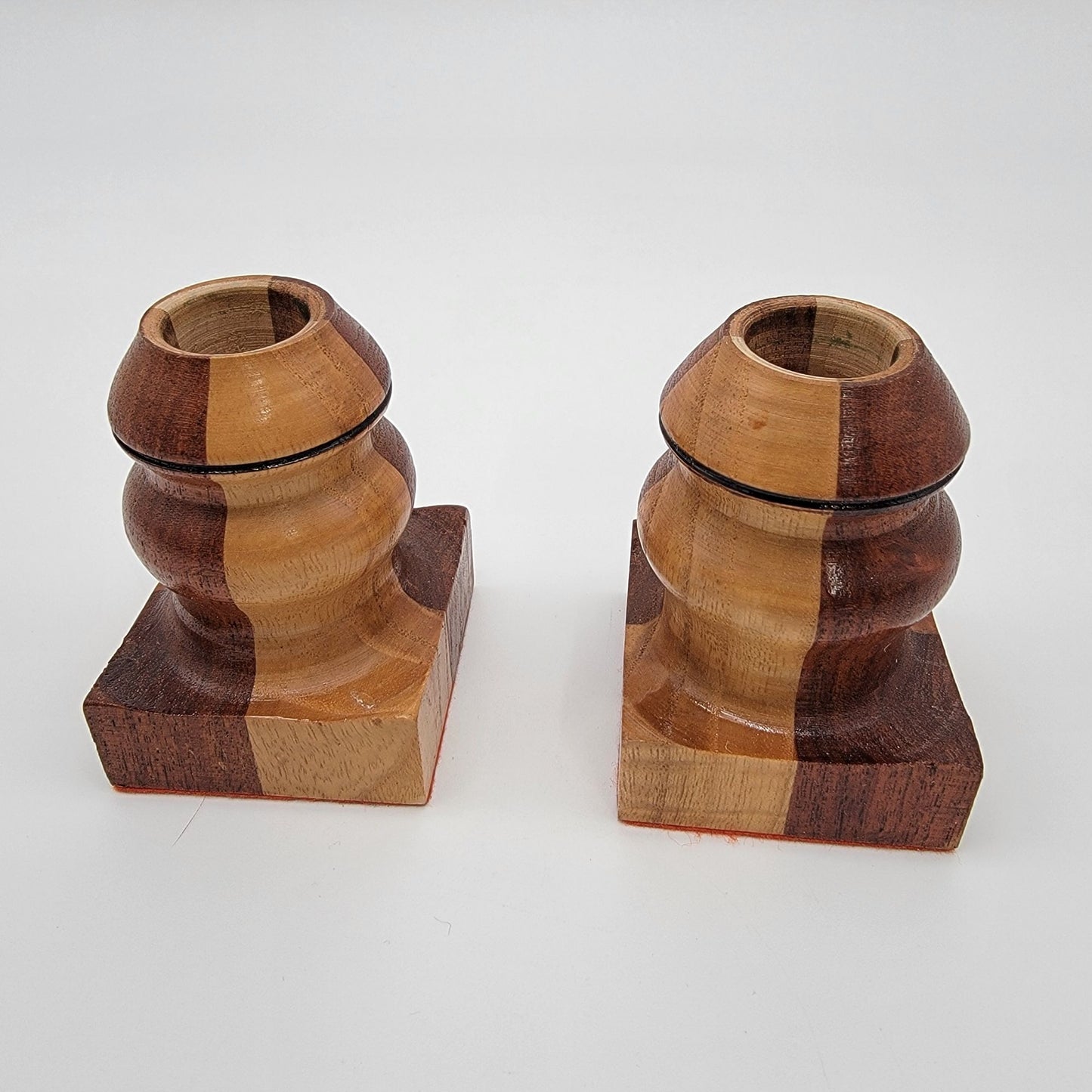 Vintage Hand-Turned Marquetry Wood Candle Holders Set Of 2