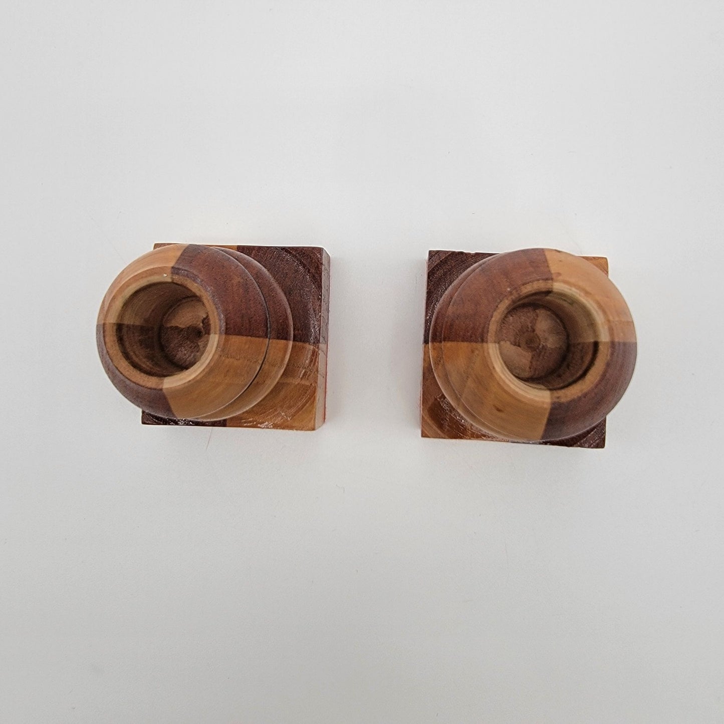 Vintage Hand-Turned Marquetry Wood Candle Holders Set Of 2