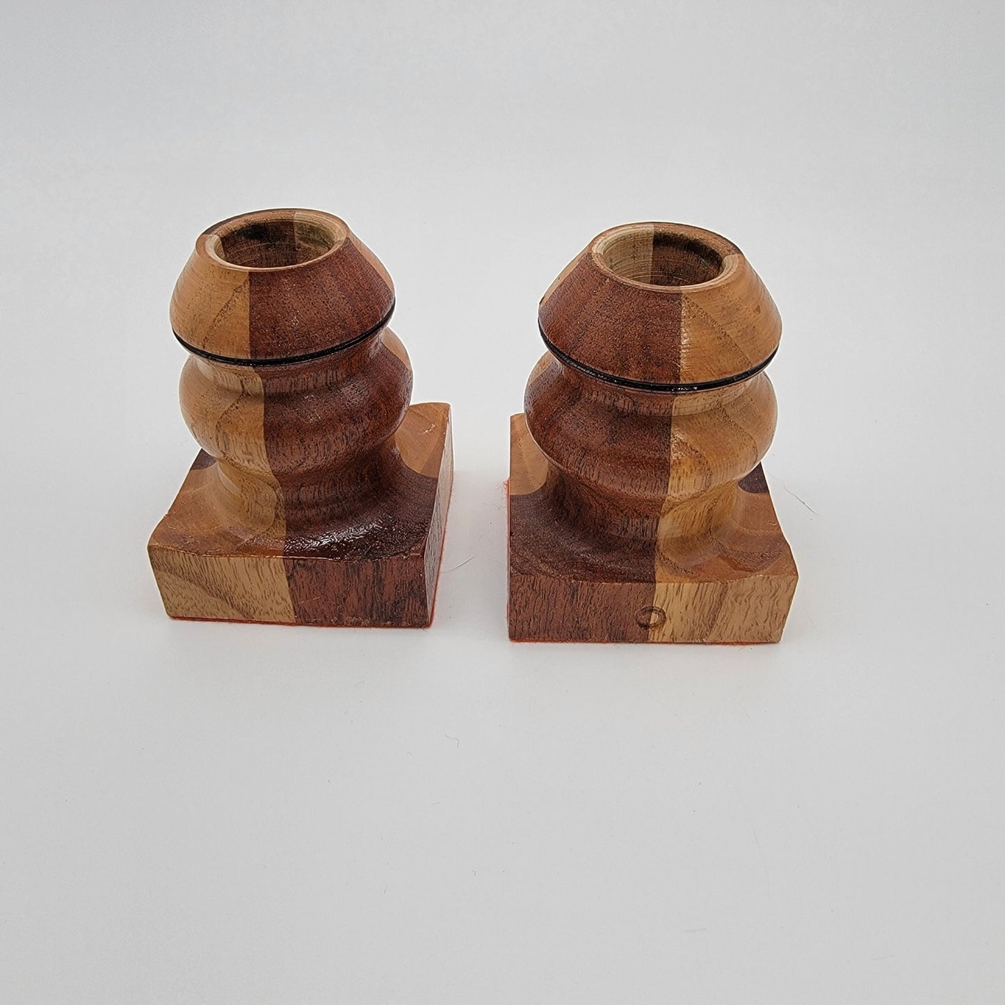 Vintage Hand-Turned Marquetry Wood Candle Holders Set Of 2