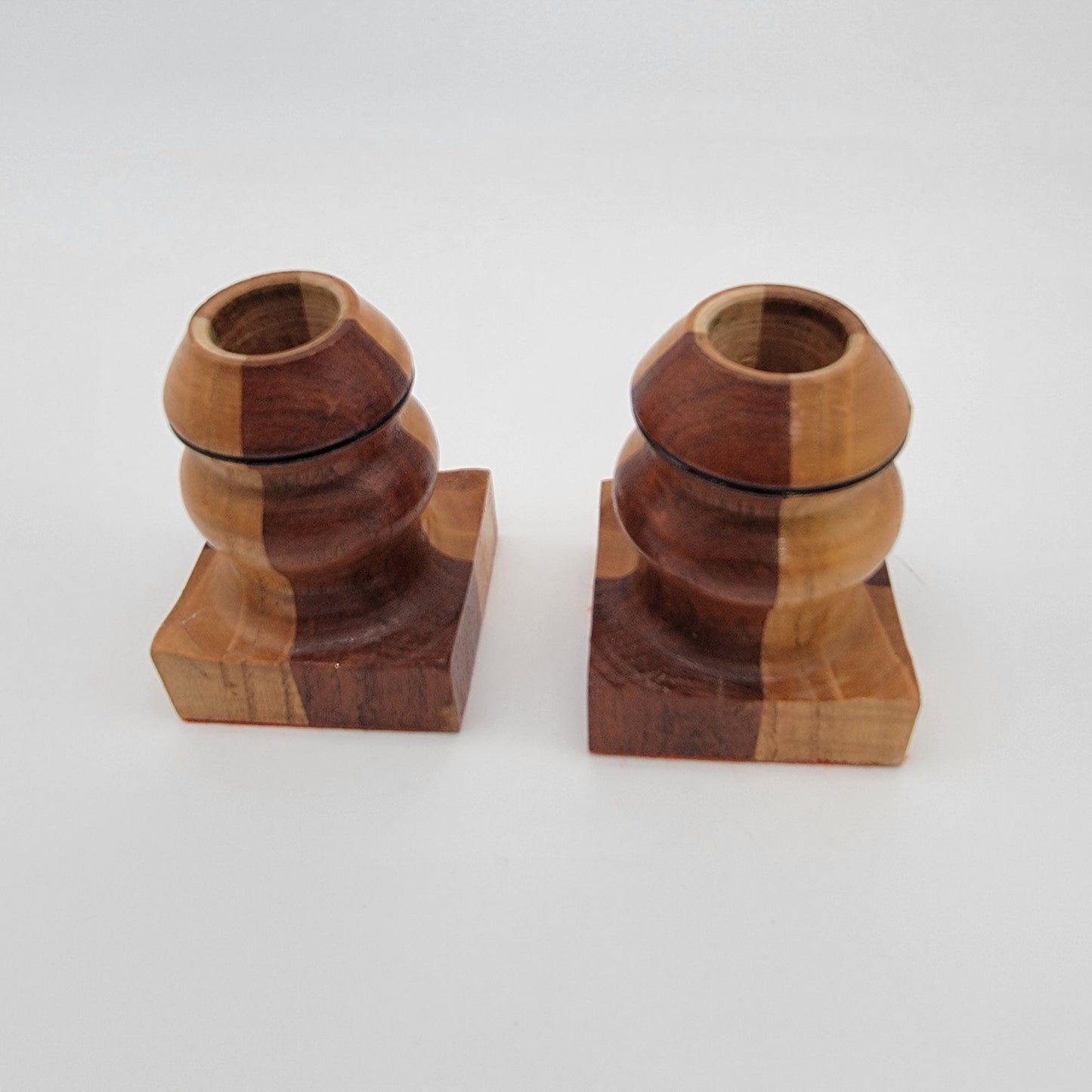 Vintage Hand-Turned Marquetry Wood Candle Holders Set Of 2