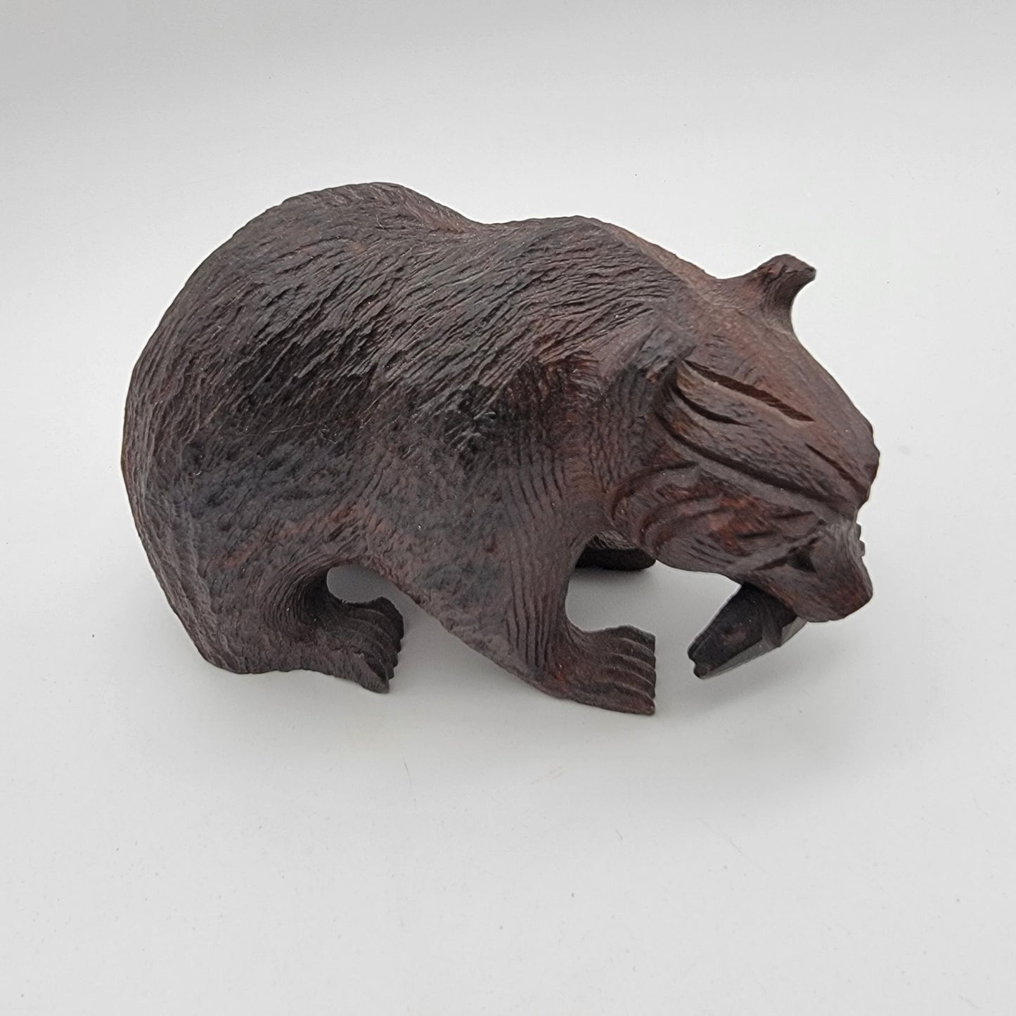 Japanese Kibori Kuma Carved Wooden Bear With Fish Figurine