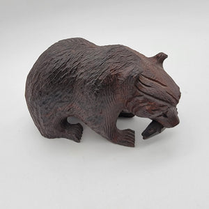 Japanese Kibori Kuma Carved Wooden Bear With Fish Figurine