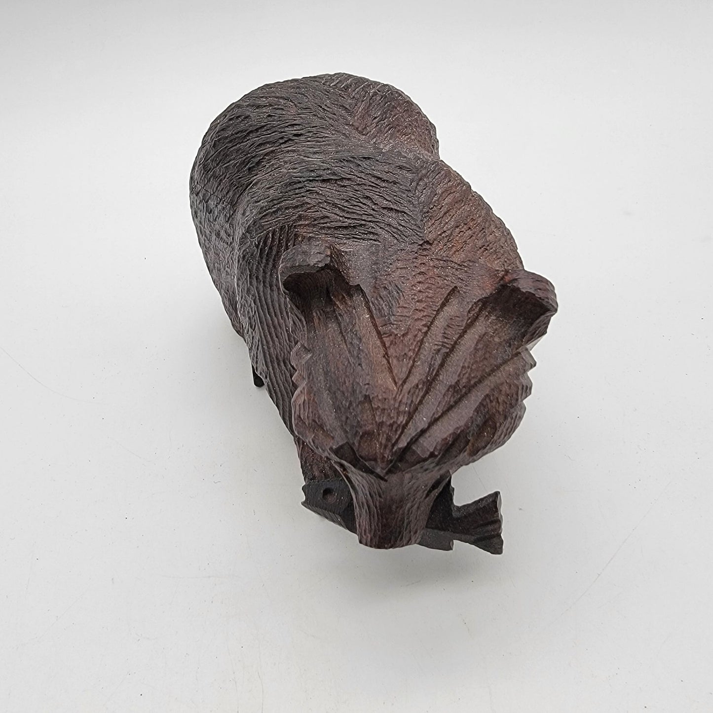 Japanese Kibori Kuma Carved Wooden Bear With Fish Figurine