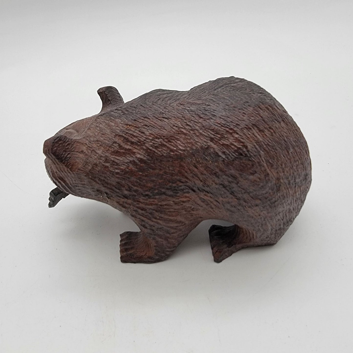 Japanese Kibori Kuma Carved Wooden Bear With Fish Figurine