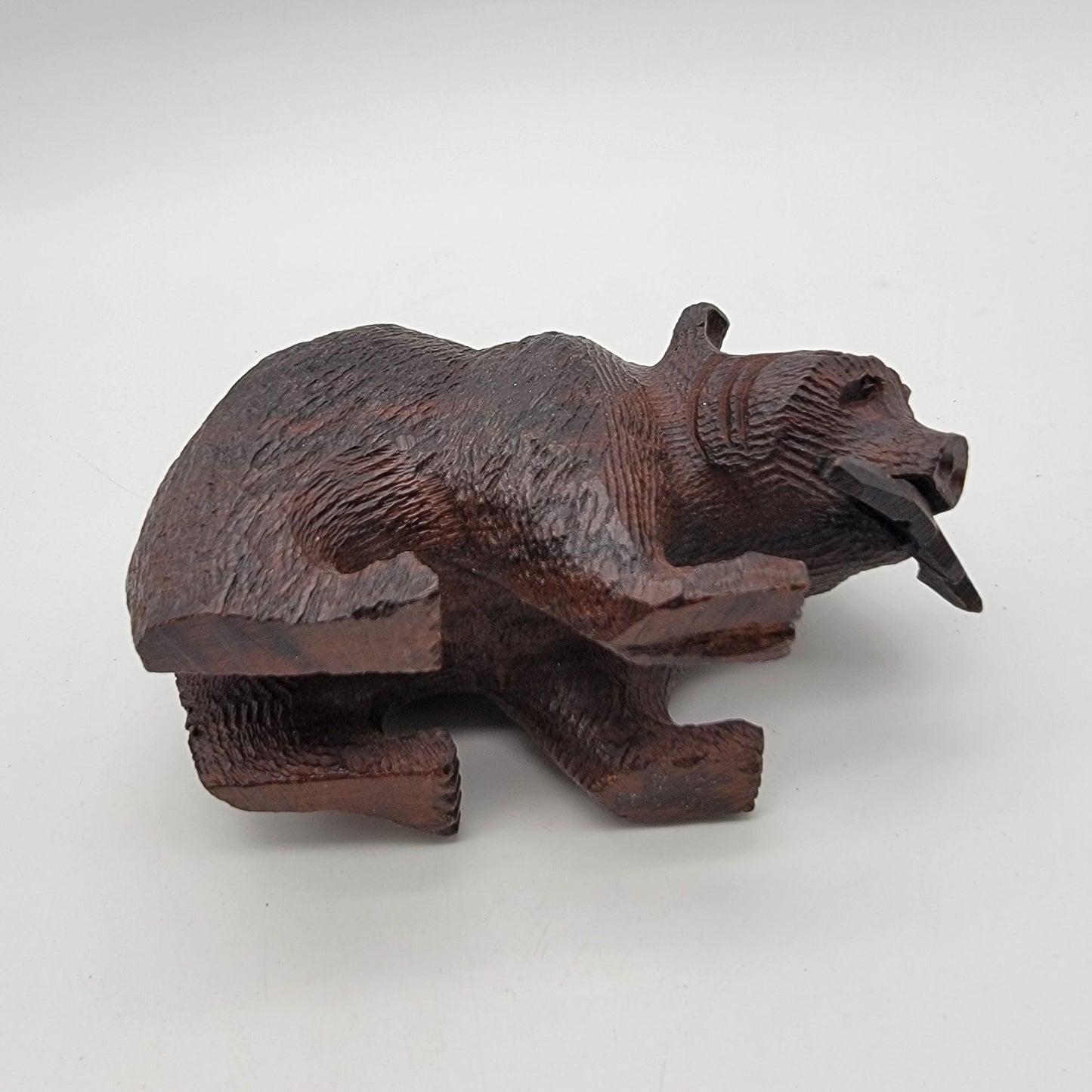 Japanese Kibori Kuma Carved Wooden Bear With Fish Figurine