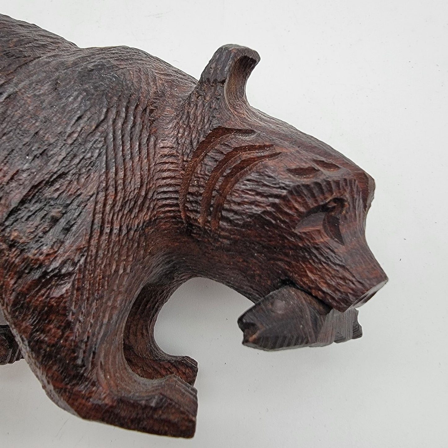 Japanese Kibori Kuma Carved Wooden Bear With Fish Figurine