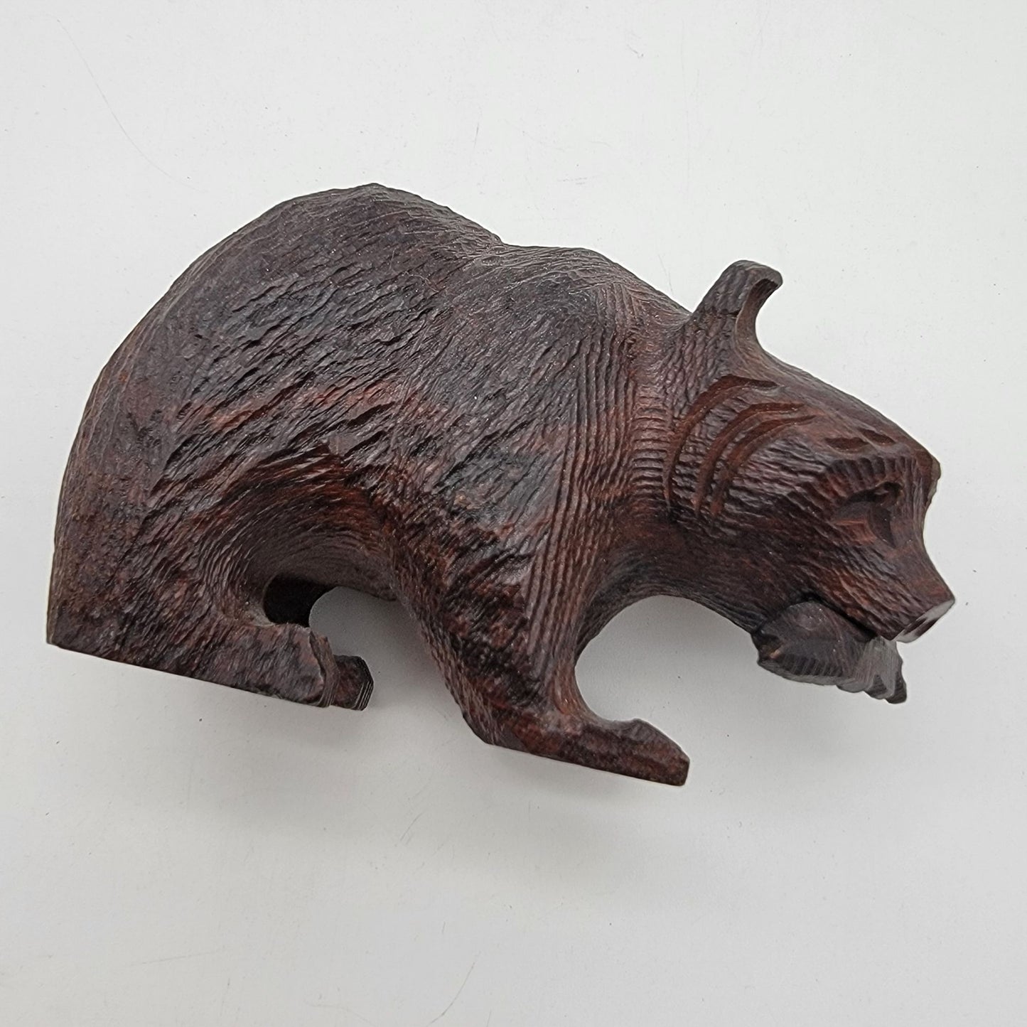 Japanese Kibori Kuma Carved Wooden Bear With Fish Figurine