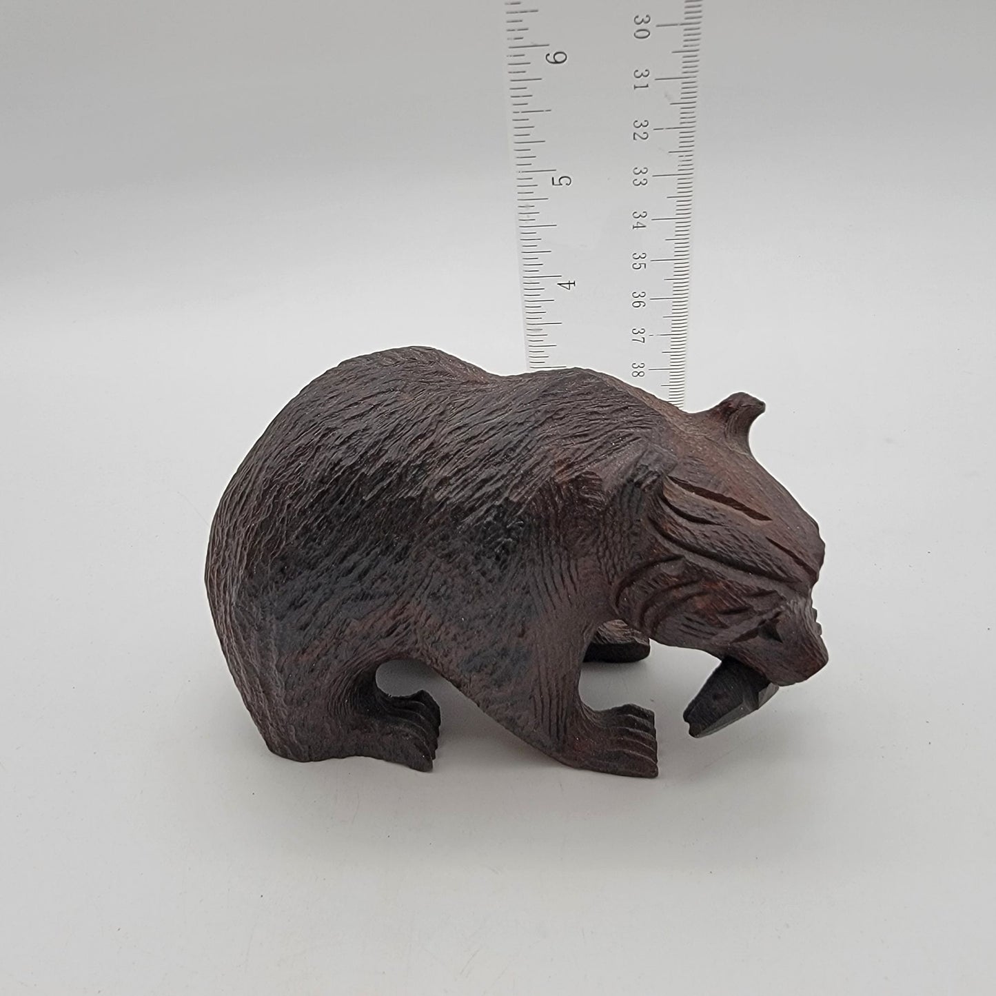 Japanese Kibori Kuma Carved Wooden Bear With Fish Figurine
