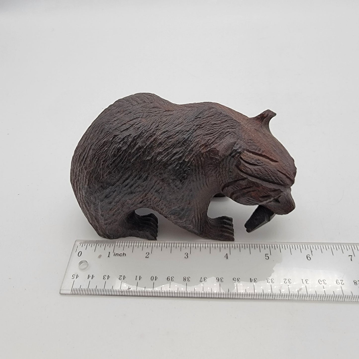 Japanese Kibori Kuma Carved Wooden Bear With Fish Figurine