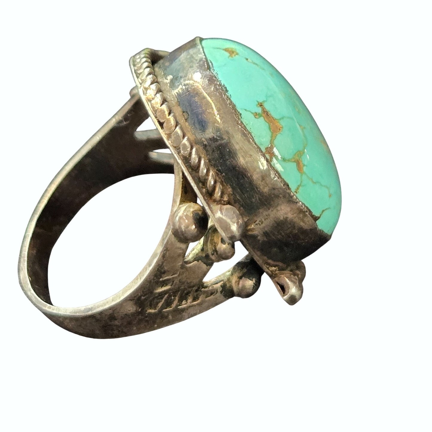 Vintage Signed Sterling Royston Turquoise Navajo Twisted Rope Bezel Ring Size 8.25