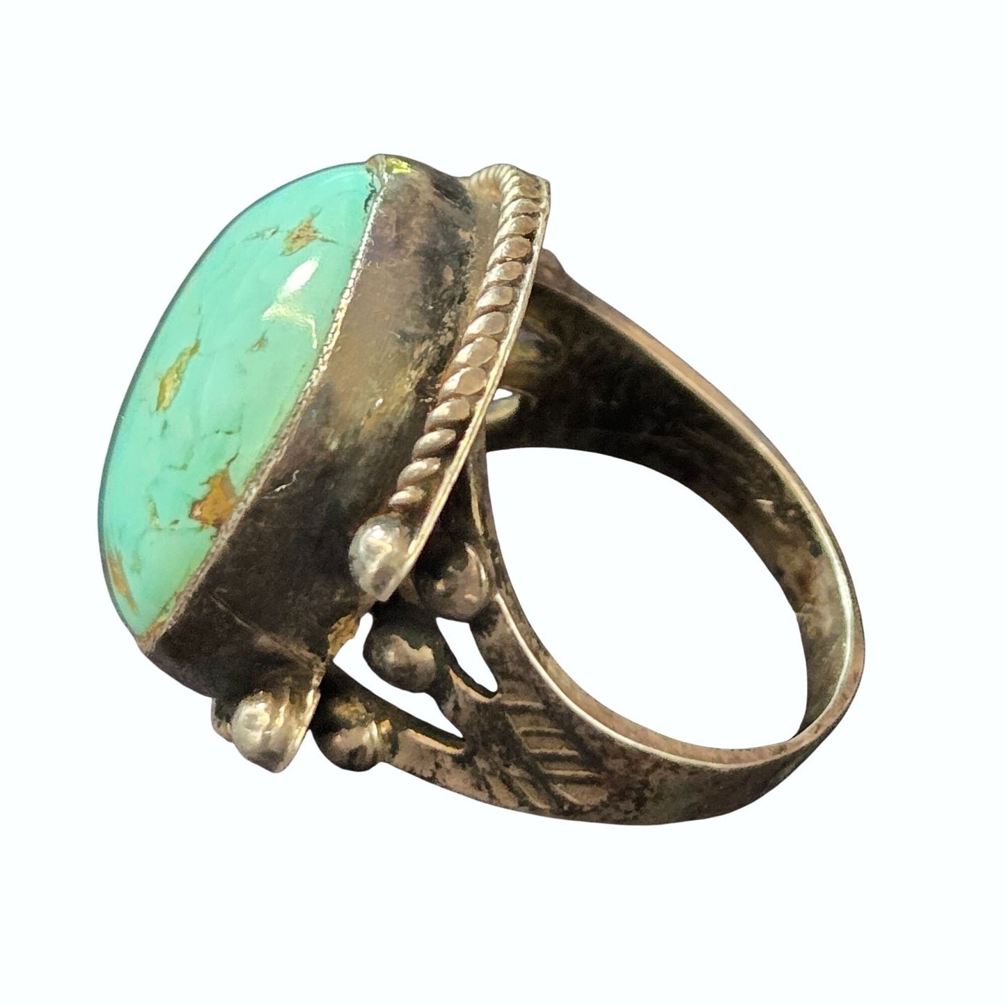 Vintage Signed Sterling Royston Turquoise Navajo Twisted Rope Bezel Ring Size 8.25