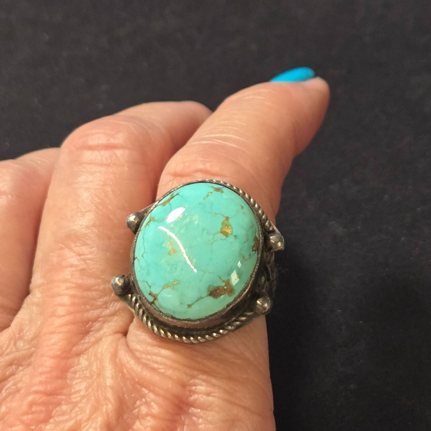 Vintage Signed Sterling Royston Turquoise Navajo Twisted Rope Bezel Ring Size 8.25