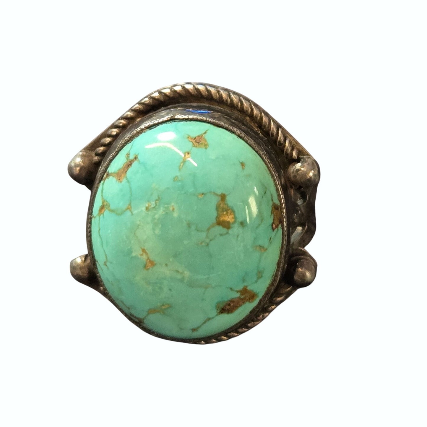 Vintage Signed Sterling Royston Turquoise Navajo Twisted Rope Bezel Ring Size 8.25