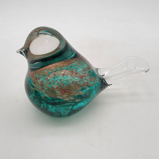 Art Glass Bird Paperweight Sculpture - Green With Copper Aventurine Accents
