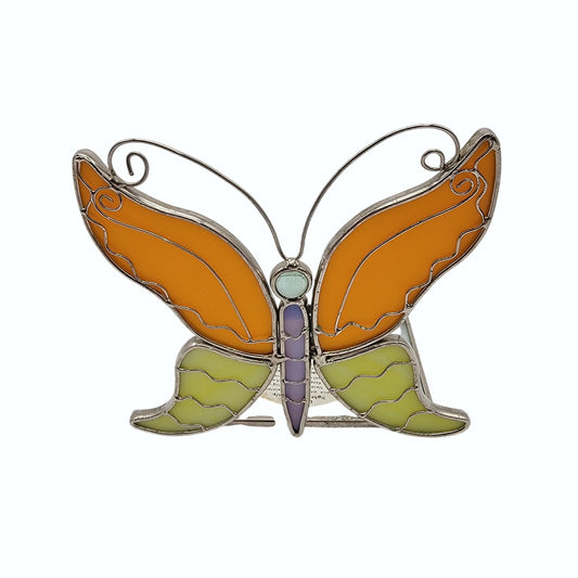 Stained Glass Butterfly Candle Holder Orange & Green