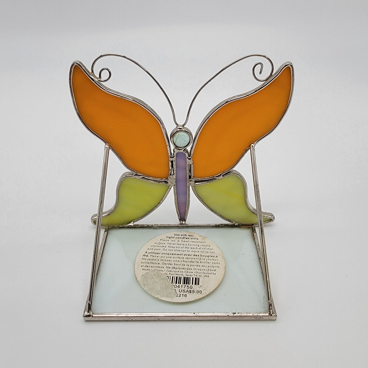 Stained Glass Butterfly Candle Holder Orange & Green