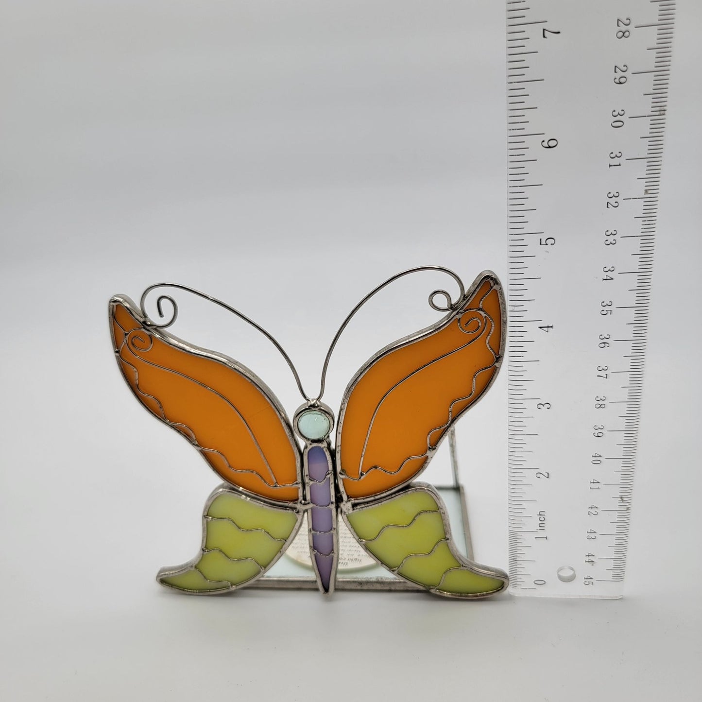 Stained Glass Butterfly Candle Holder Orange & Green