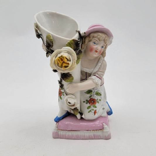 Antique Conta & Boehme German Porcelain Girl Cornet Bud Vase or Match Holder
