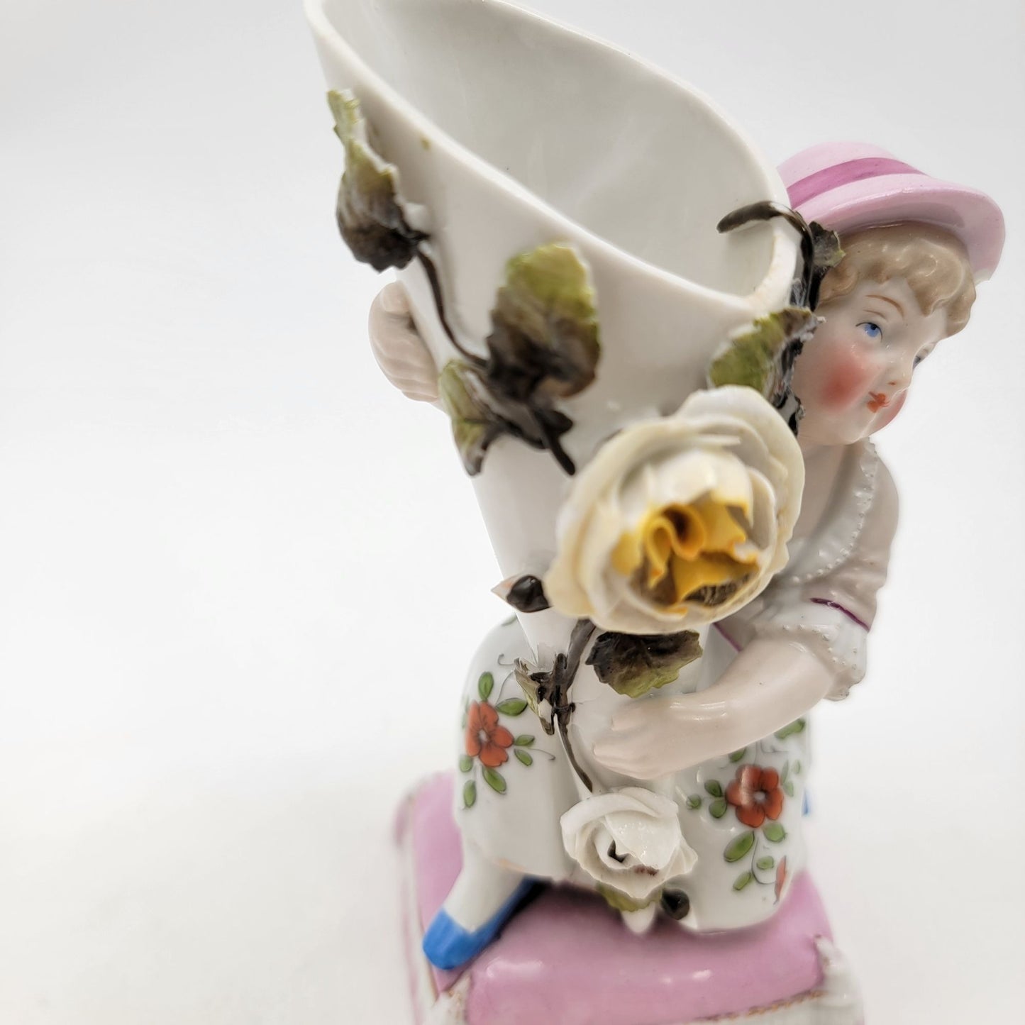 Antique Conta & Boehme German Porcelain Girl Cornet Bud Vase or Match Holder