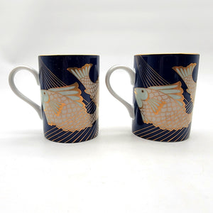 Pair of Fitz & Floyd Blue and Gold Fish La Grande Peche Porcelain Mugs