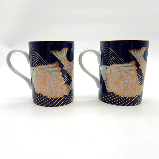 Pair of Fitz & Floyd Blue and Gold Fish La Grande Peche Porcelain Mugs