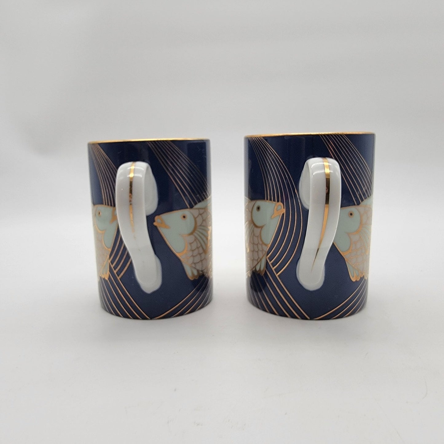 Pair of Fitz & Floyd Blue and Gold Fish La Grande Peche Porcelain Mugs