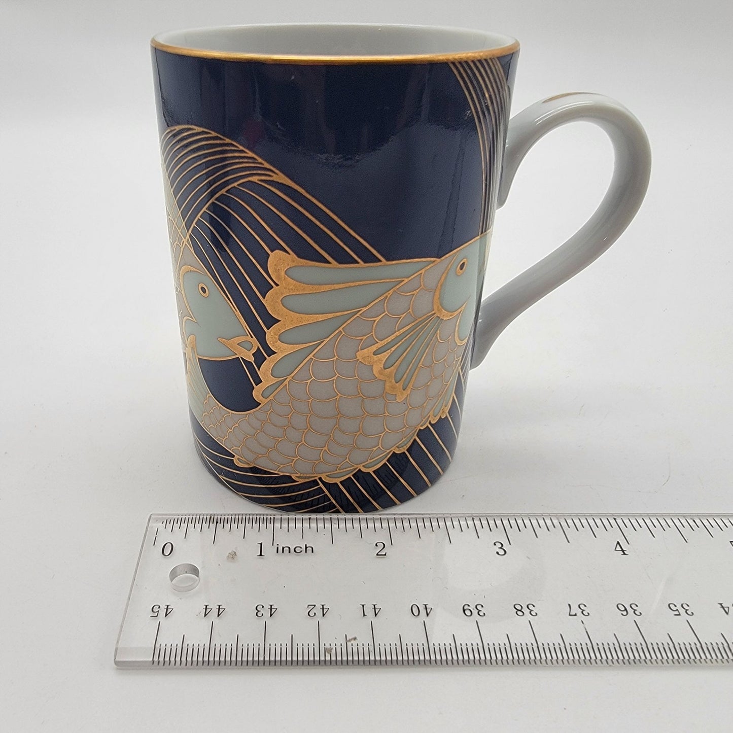 Pair of Fitz & Floyd Blue and Gold Fish La Grande Peche Porcelain Mugs