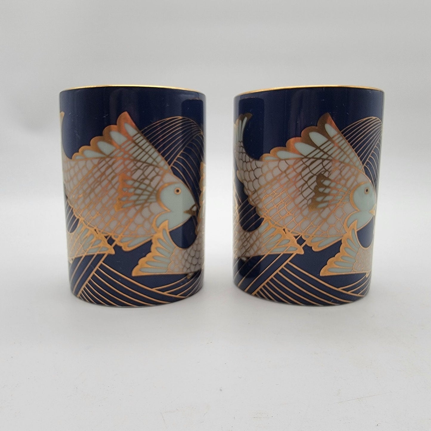 Pair of Fitz & Floyd Blue and Gold Fish La Grande Peche Porcelain Mugs