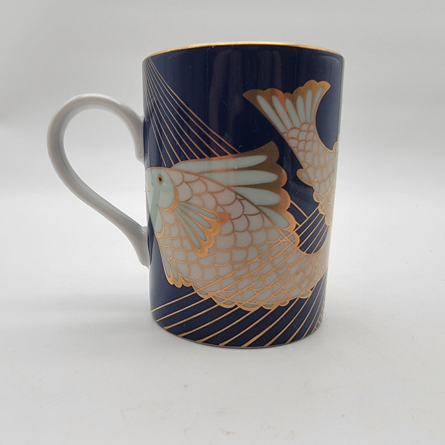 Pair of Fitz & Floyd Blue and Gold Fish La Grande Peche Porcelain Mugs