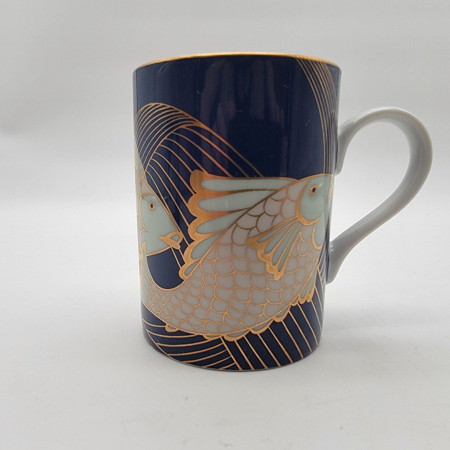 Pair of Fitz & Floyd Blue and Gold Fish La Grande Peche Porcelain Mugs