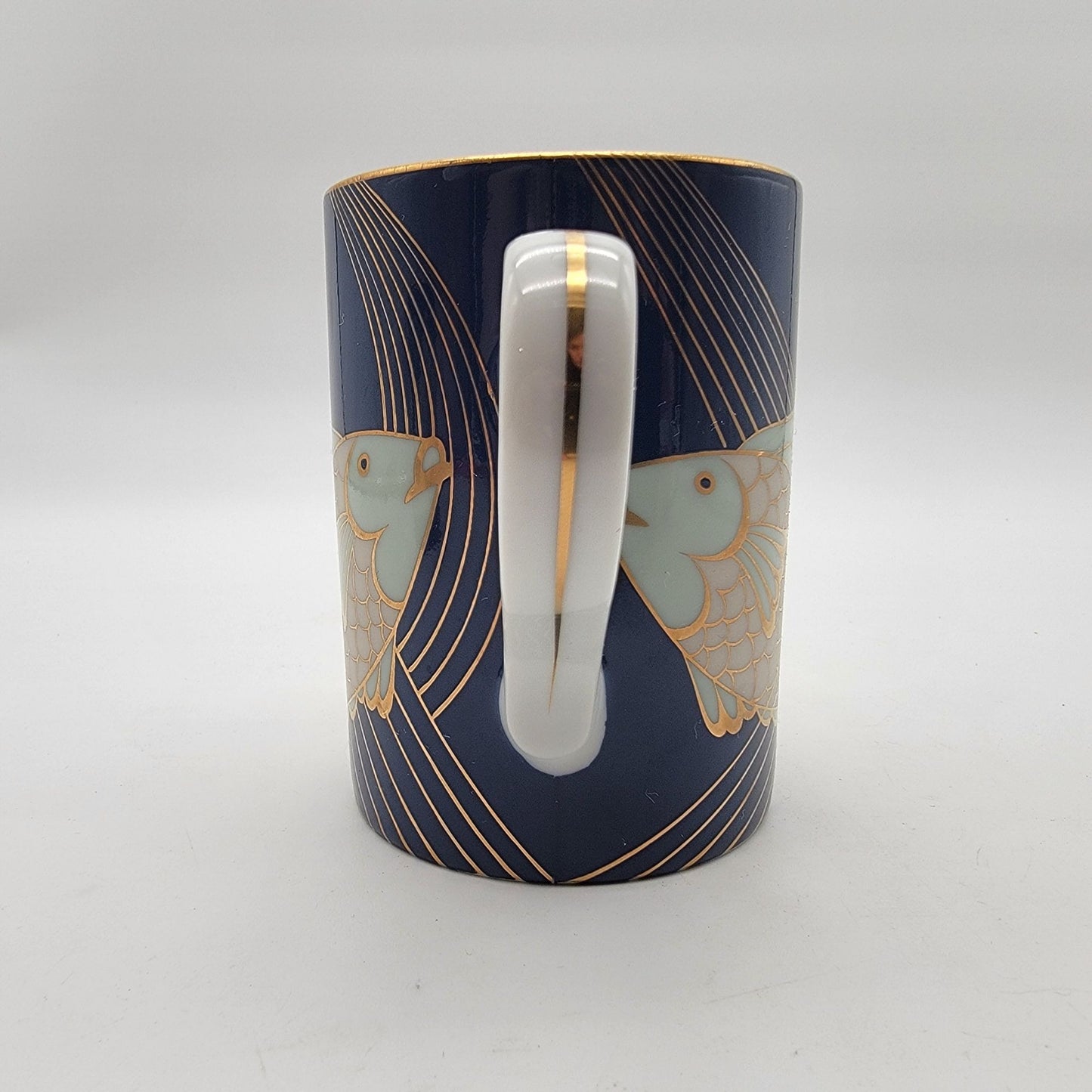 Pair of Fitz & Floyd Blue and Gold Fish La Grande Peche Porcelain Mugs