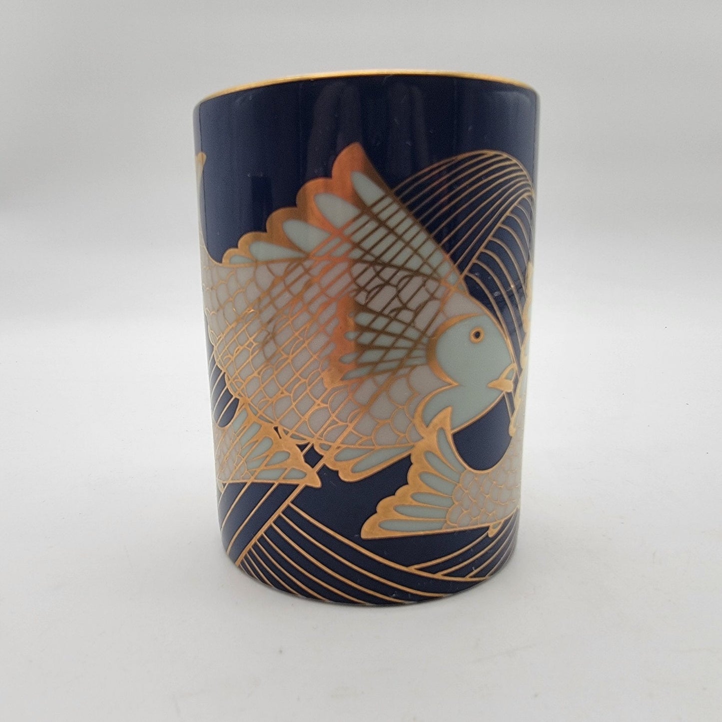 Pair of Fitz & Floyd Blue and Gold Fish La Grande Peche Porcelain Mugs