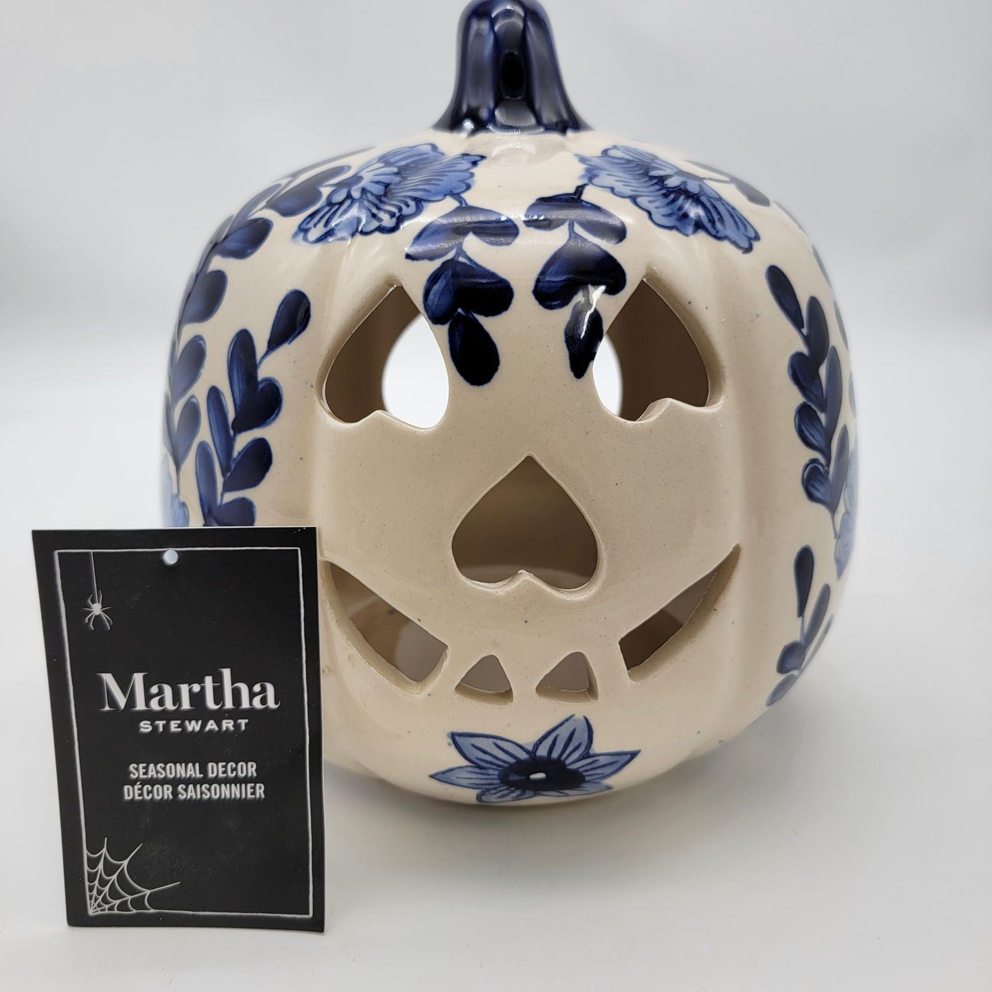 Martha Stewart White Ceramic Pumpkin Candle Holder with Blue Flowers
