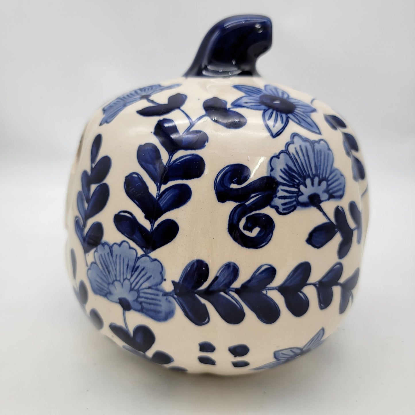 Martha Stewart White Ceramic Pumpkin Candle Holder with Blue Flowers