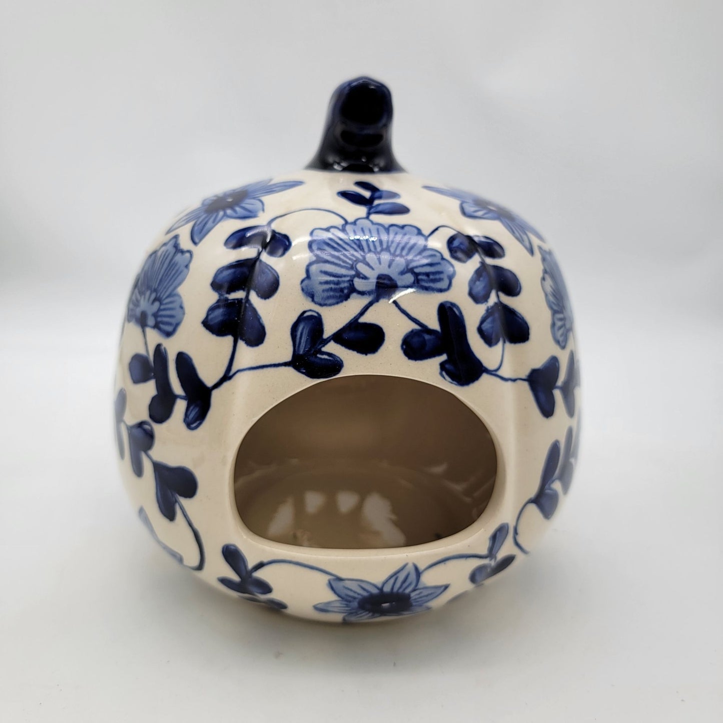 Martha Stewart White Ceramic Pumpkin Candle Holder with Blue Flowers