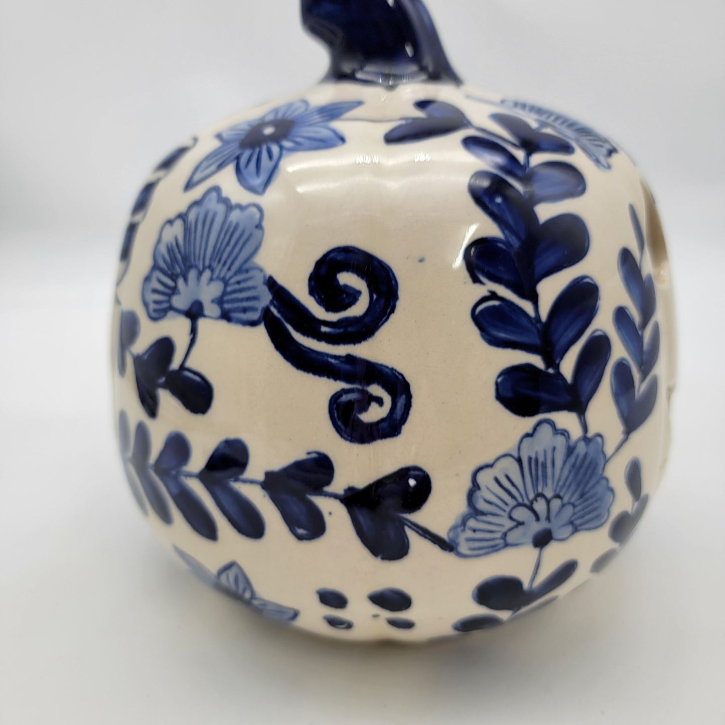 Martha Stewart White Ceramic Pumpkin Candle Holder with Blue Flowers