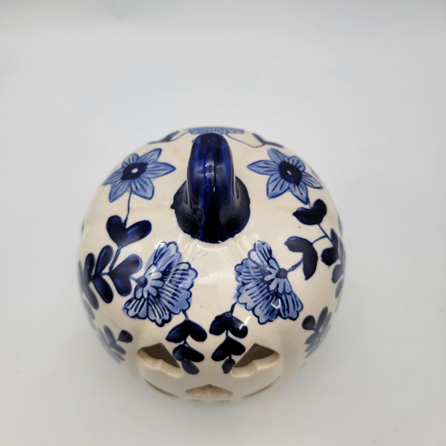 Martha Stewart White Ceramic Pumpkin Candle Holder with Blue Flowers