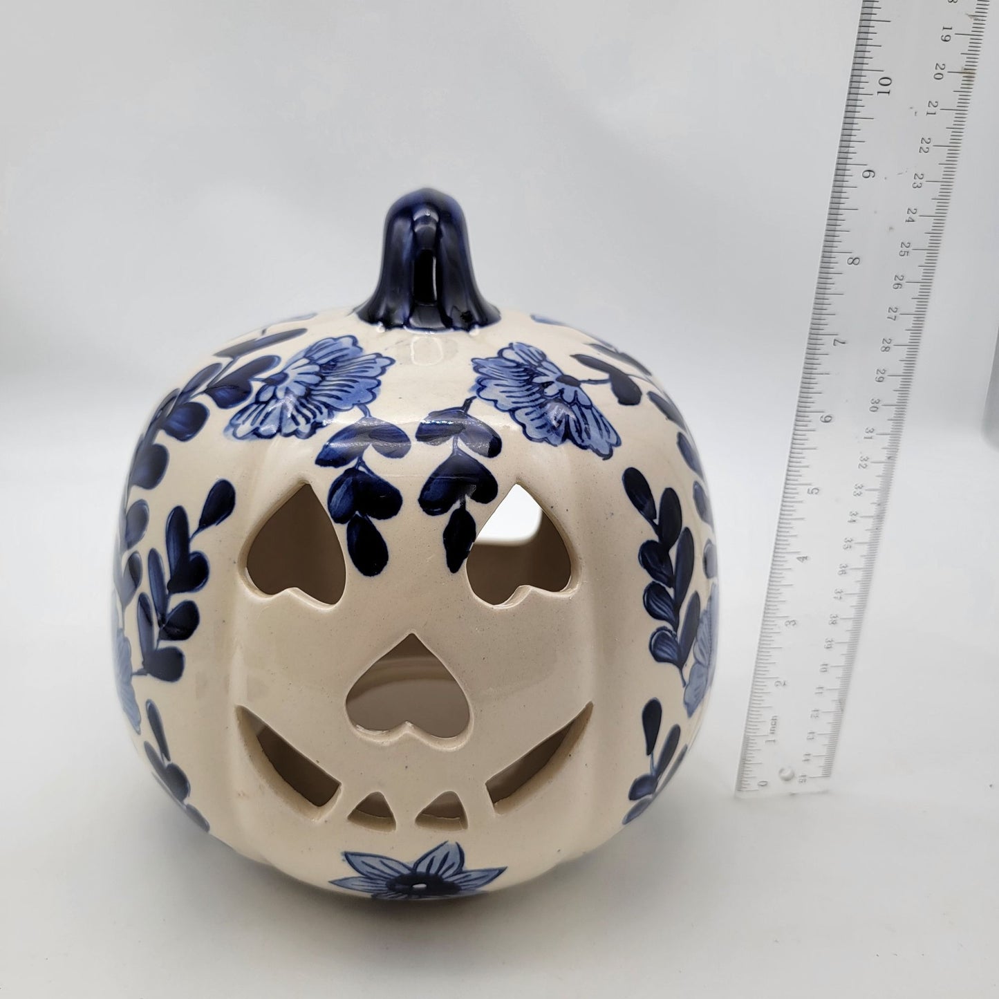 Martha Stewart White Ceramic Pumpkin Candle Holder with Blue Flowers