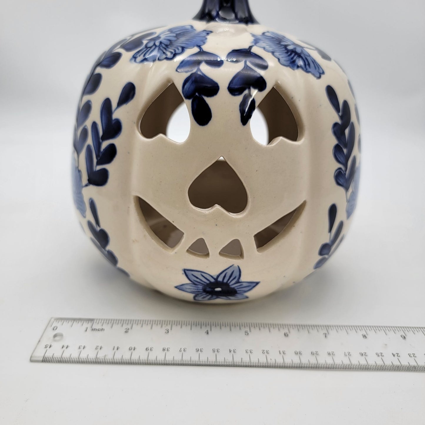Martha Stewart White Ceramic Pumpkin Candle Holder with Blue Flowers