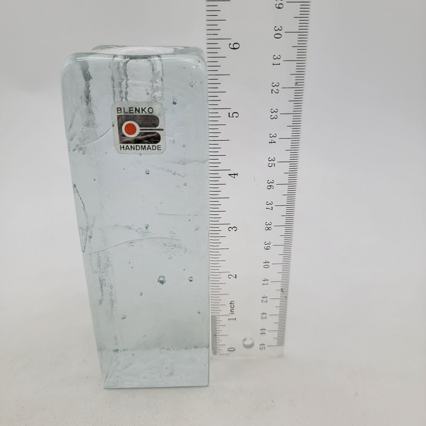 Blenko Handmade Glass Ice Cube Pillar Candle Holder Block B Label