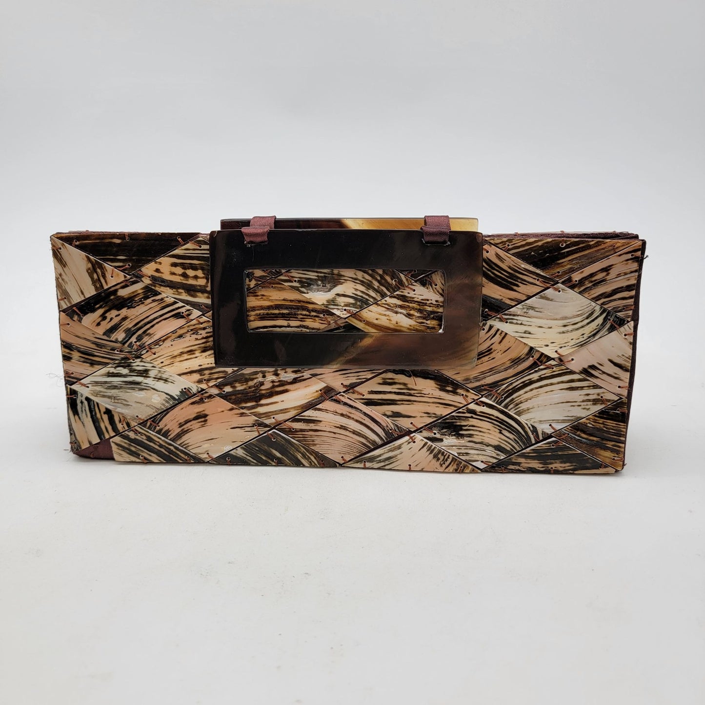 Shell Tiled Clutch Purse With Lucite Tortoise Shell Handles