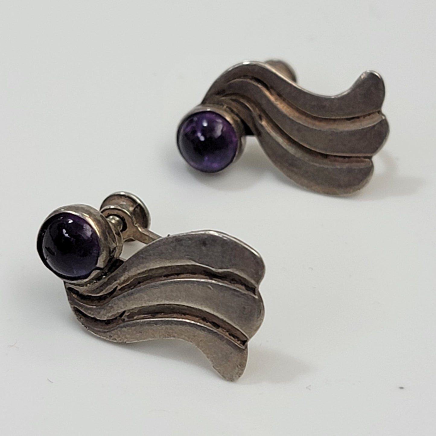 Vintage 1930s-40s Taxco 980 Silver Amethyst Screwback Earrings