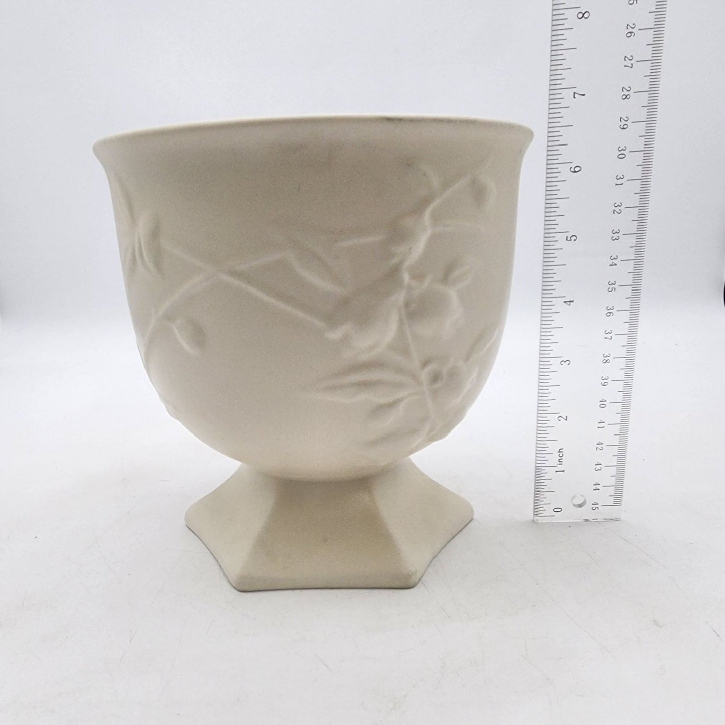 Vintage White Embossed Floral Footed Planter Vase
