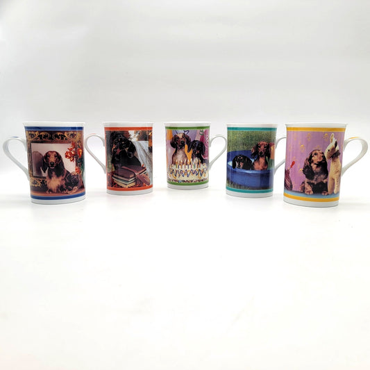 Set Of 5 Vintage Darling Dachshunds Porcelain Collector Mugs by Danbury Mint