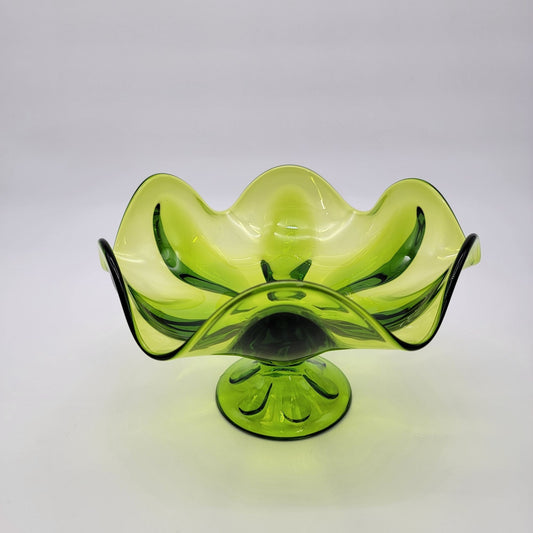 Mid Century Viking Glass 6 Petal Pedestal Bowl Green